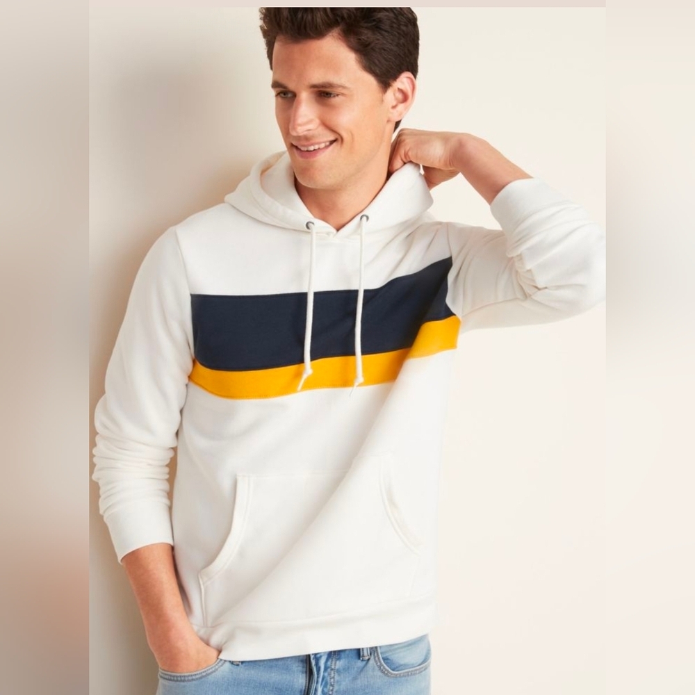 Old Navy Men's White Hoodie with Navy and Yellow Stripes